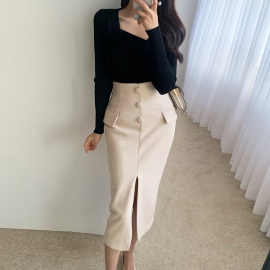タイトスカート フロントスリット ハイウエスト スカート 冬服 レディース ひざ下丈 ミモレ丈 スリ
