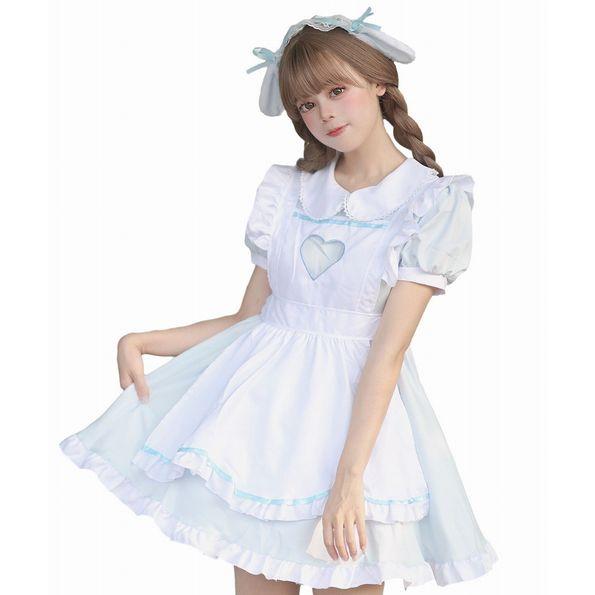 工場直販 一部分3日出荷メイド服 ブルー ロリータ ドレス プリンセス お嬢様 半袖 ワンピース コスチューム コスプレ衣装 3点セット サイズ S5XL