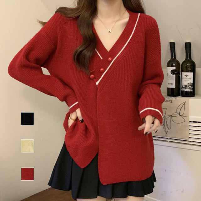 ニット ニットセーター カーディガン プルオーバー トップス Vネック 三つボタン レトロ ゆったり