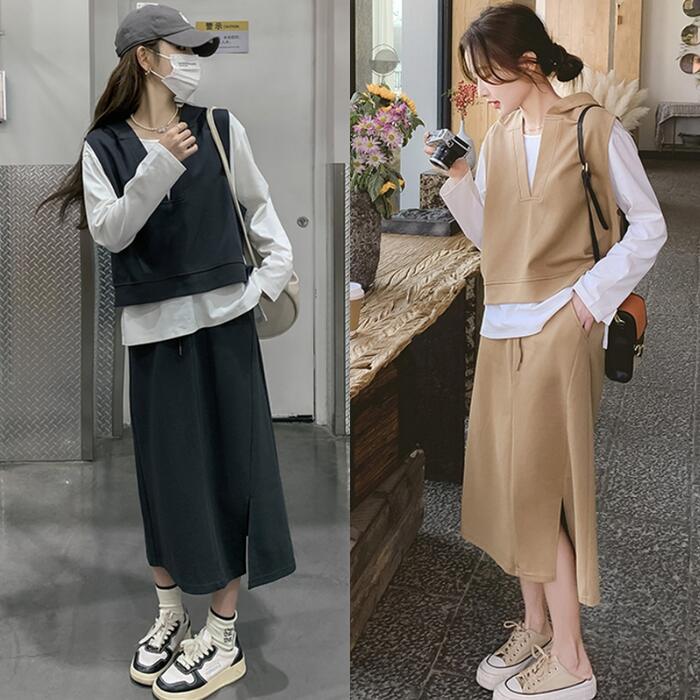 セットアップ 3点セット Tシャツ スウェット ベスト スカート トップス フード ミモレ丈 レイヤード 長袖 おしゃれ 大人 可愛い きれいめ カジュアル シンプル 重ね着 フェミニン 楽ちん 韓国