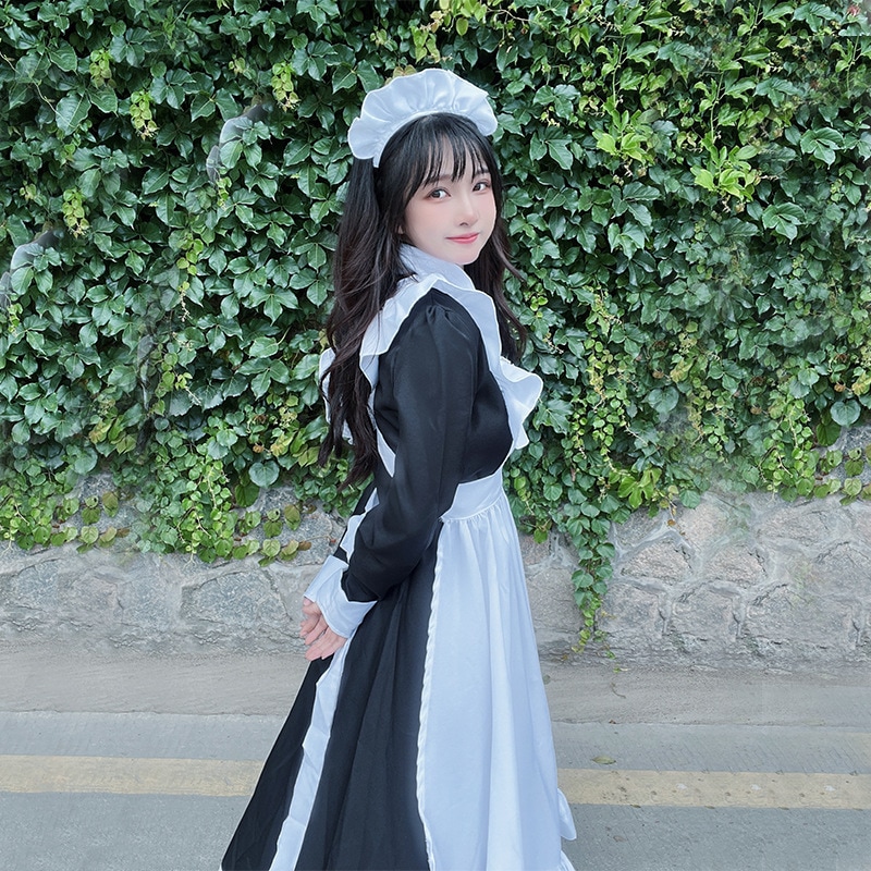 コスプレ白黒クラシックメイドロングドレス和服制服かわいい普段着メイド服