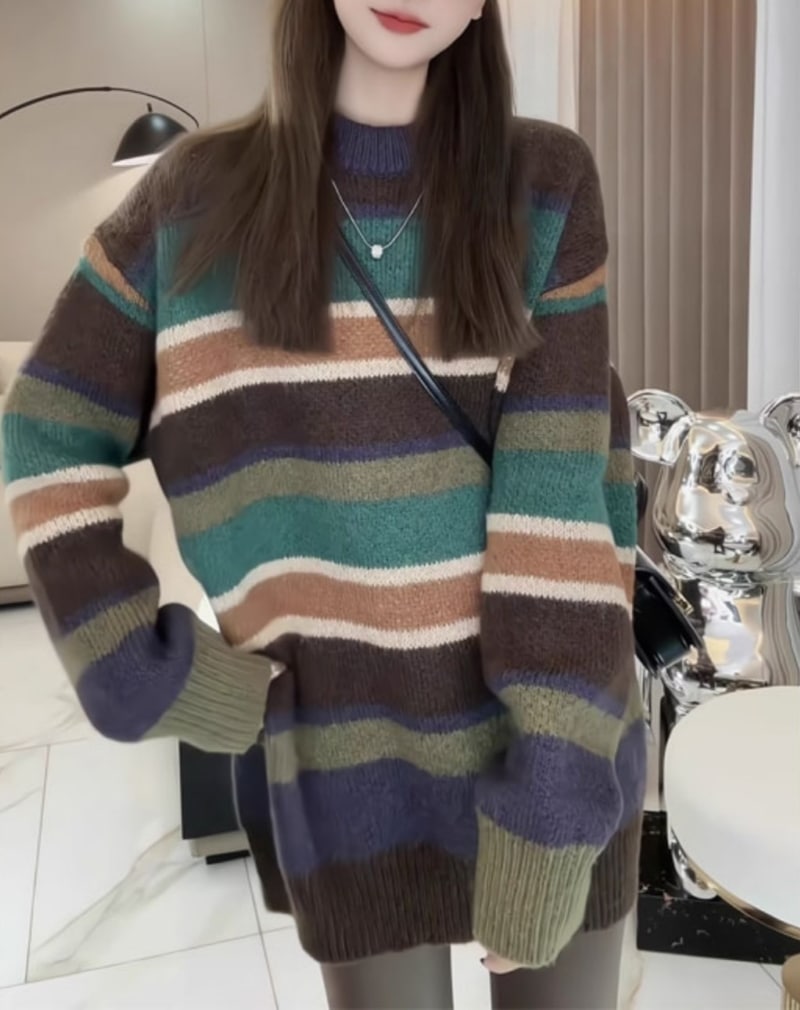 トップス ニットソー セーター 長袖 クルーネック 伸縮性 ニット 厚手 シンプル カジュアル おしゃれ レトロ メンズライク 個性的 ボーダー ストライプ 春 秋 冬 レディース お出かけ 休日