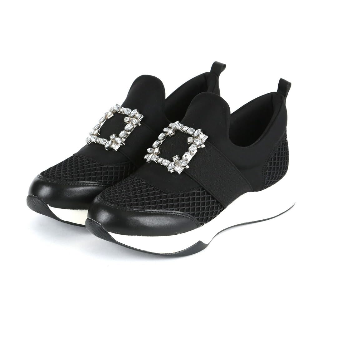 [Vivian] スニーカー レディース スリッポン ビジュー 厚底 V9181AL ブラック S (22.5-23.0)