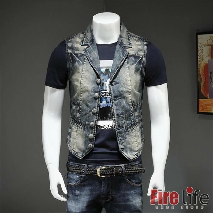 デニムベスト メンズ Gジャン ボタン ビンテージ加工 デニム ジージャン 刺繍 トップス スリム 細身 小さめ作り 春秋 S~5XL