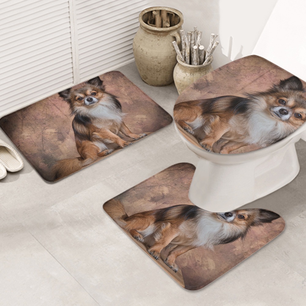 3ピースバスラグセット チワワ-哺乳類-犬-動物-かわいい お手入れが簡単 ノンスリップ 耐久性