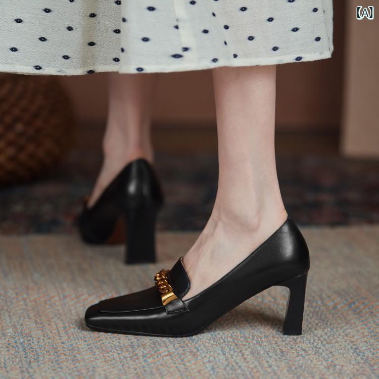 ローファー 通勤 革靴 レディース カジュアル 婦人靴 フランス ハイヒール 女性 レトロ 革 厚手 ヒール シングル シューズ エレガント 作業靴 スクエアトゥ 小さい 革靴