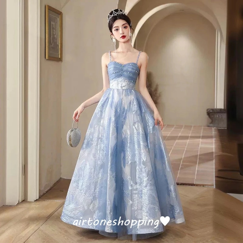 イブニングドレス ロングドレス キャミドレス ブルー 発表会ドレス ビーズ パール 可愛い 成人式ドレス 同窓会 謝恩会 パーティードレス 結婚式ドレス 二次会ドレス Aライン XS S M L XL