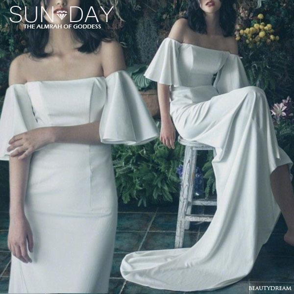 品質保証 ウェディングドレス ウェディングドレス白 パーティードレス オフショルダー 花嫁ロングドレス 結婚式 トレーン 二次会 パフスリーブ お呼ばれ 挙式-411