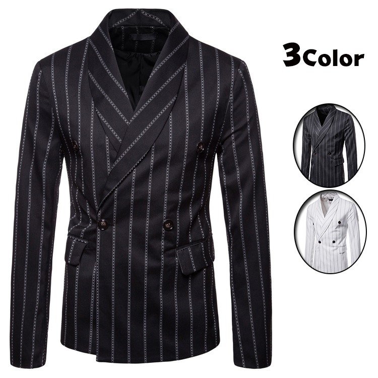 テーラードジャケット メンズ ジャケット ストライプ柄 ダブルブレスト ビジネスジャケット スリムジ