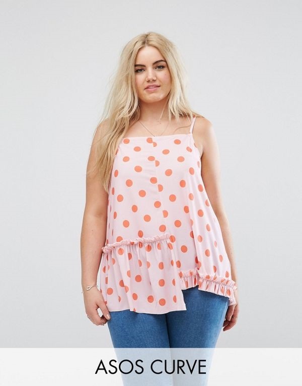 ASOS エイソス レディース 大きめサイズ ゆったりサイズ 送料無料 Multi CURVE Cami with Assymetric Ruffle in Pretty Spot Print