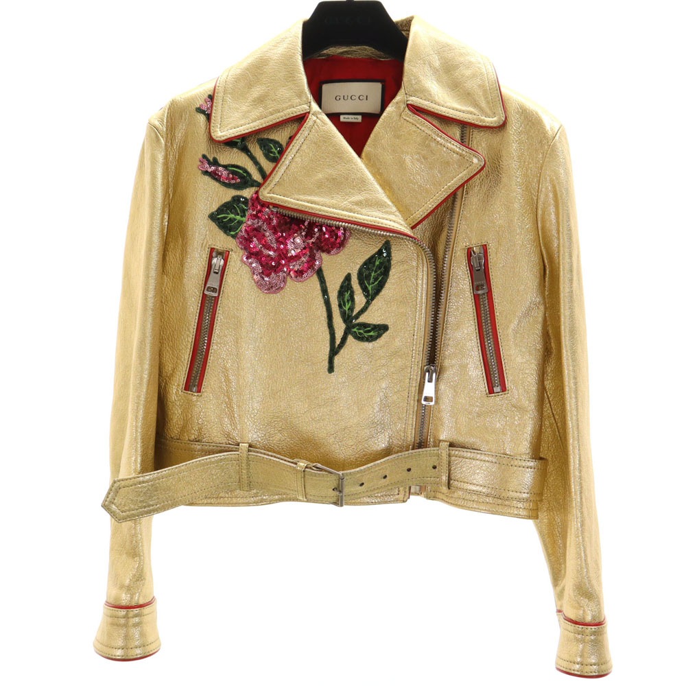 491948 イタリア製 ゴートレザー ダブルライダースジャケット 36 ゴールド スパンコール ショート丈 ハンガー 衣装カバー付き レディース