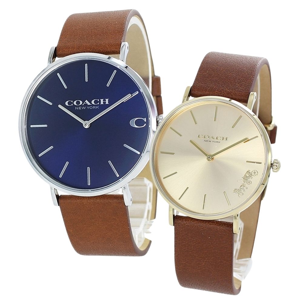 コーチ 腕時計 手表 ペアウォッチ チャールズ/ペリー ブルー/ゴールド ブラウン レザー 革ベルト シンプル おしゃれ 1460215114503331 誕生日プレゼント クリスマス プレゼント