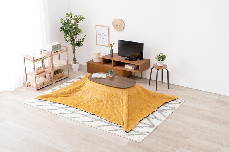 こたつセット こたつ うす掛布団 2点セット ブラウン/イエロー 90x50cm 木目調 楕円 省スペース 折りたたみテーブル リビングテーブル オールシーズン コタツ