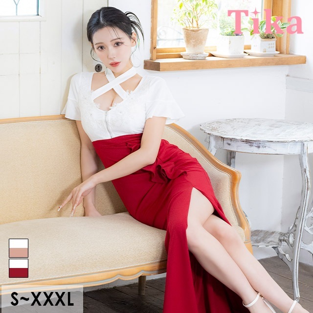 キャバ ドレス 袖あり ロング クロスネック スリット ワンピース S～XXXLサイズ レース タイト 大きいサイズ セクシー キャバドレス キャバ嬢 キャバクラ ラウンジ レディース 半袖 フロント