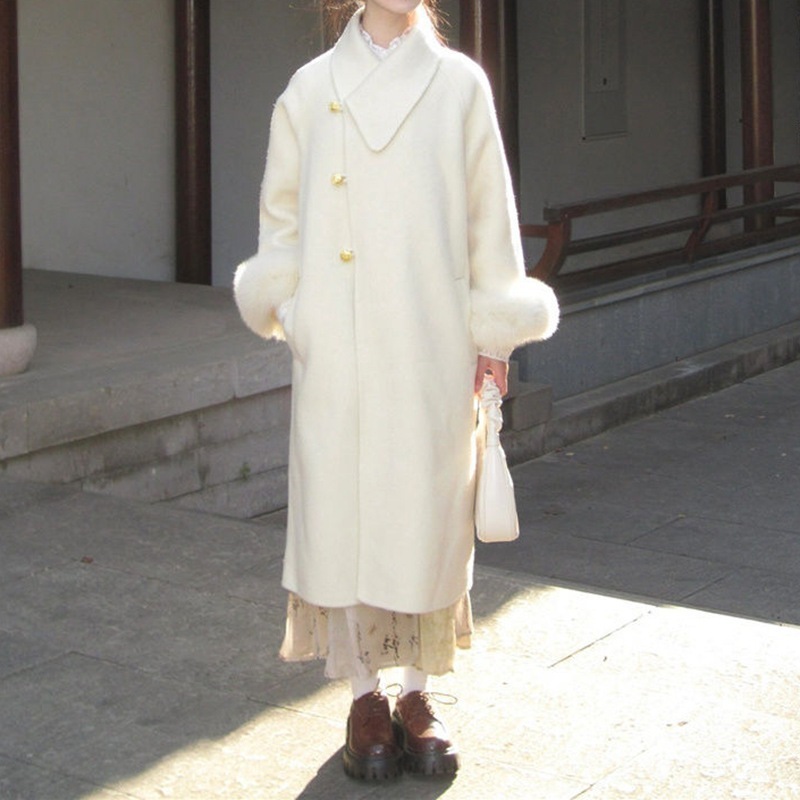 秋冬用の新しい中国風の高級ウールコート豪華なパッチワークのミドル丈のゆったりしたウールコートトレンド感満載