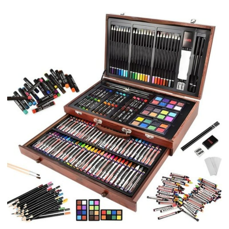 水興 140件 ウッドボックス 色鉛筆 クレヨン 総合美術道具 セット 水彩画 セット