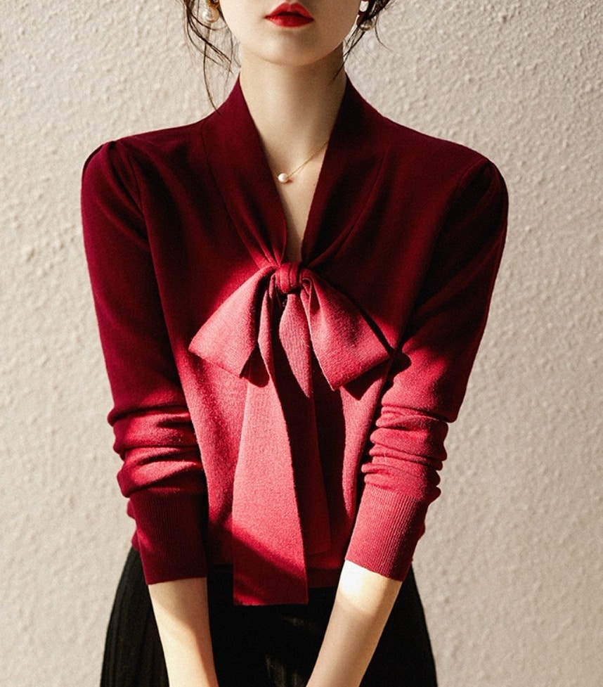 トップス デート モテアイテム ブラウス ニットソー 長袖 リボン クロシェ 薄手 可愛い きれいめ 上品 おしゃれ かっこいい 可愛い ラブリー キュート ガーリー クール モード系