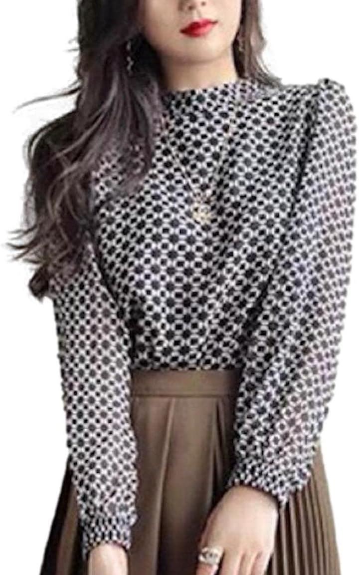 プリントブラウス レディース プルオーバー 長袖 パフスリーブ 幾何学柄 シアーシフォン スタンドカラー モノトーン 立襟 大人かわいい 韓国風 辛口 華やか 高身長(ブラック, L)