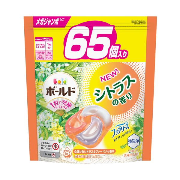 （まとめ） P＆Gボールド ジェルボール4D つめかえ用 メガジャンボ 心弾けるシトラス＆ヴァーベナの香り 1パック（65個） (×3セット)