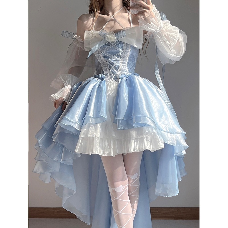 エレガントなレディブルーのロリータドレス前が短く後ろが長いウェディング重工業テールプリンセスドレス