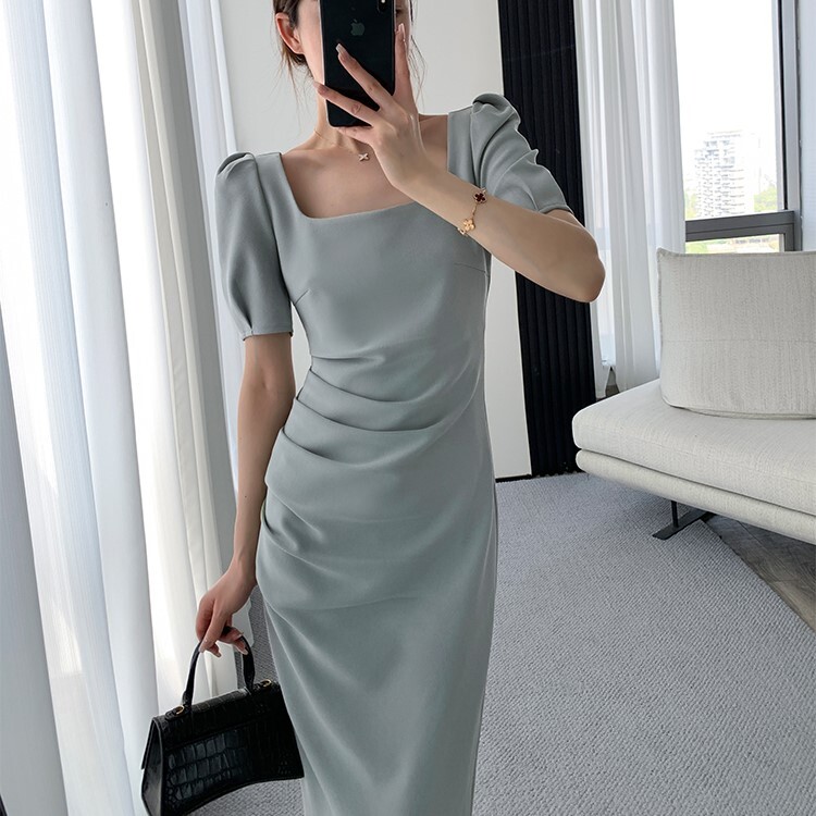 ワンピース ワンピドレス ハイウエスト ワードスカート ミモレ丈 スカート S M L XL ジッパー ファスナー 夏 ポリエステル 無地 スクエアカラー ライトウォーターグリーン 半袖 パフスリーブ