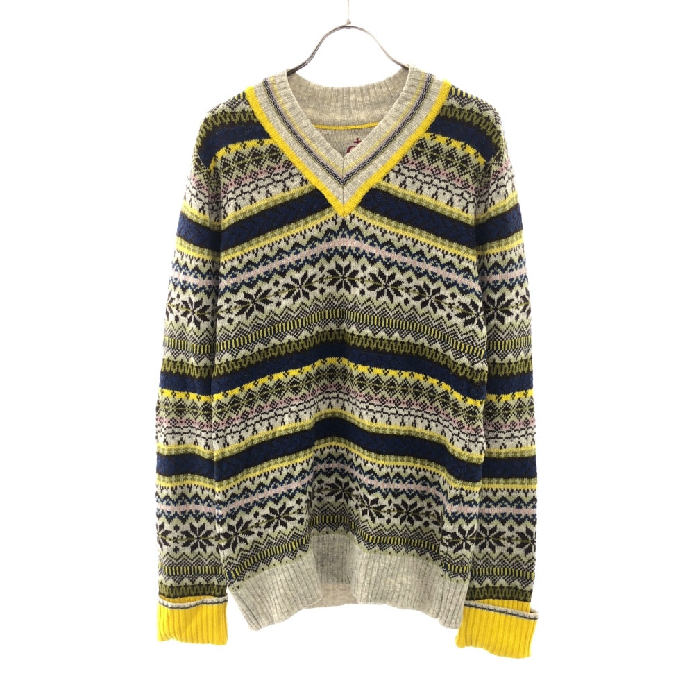 ウール ノルディック柄 長袖 Vネック セーター 2 グレー系 ニット メンズ