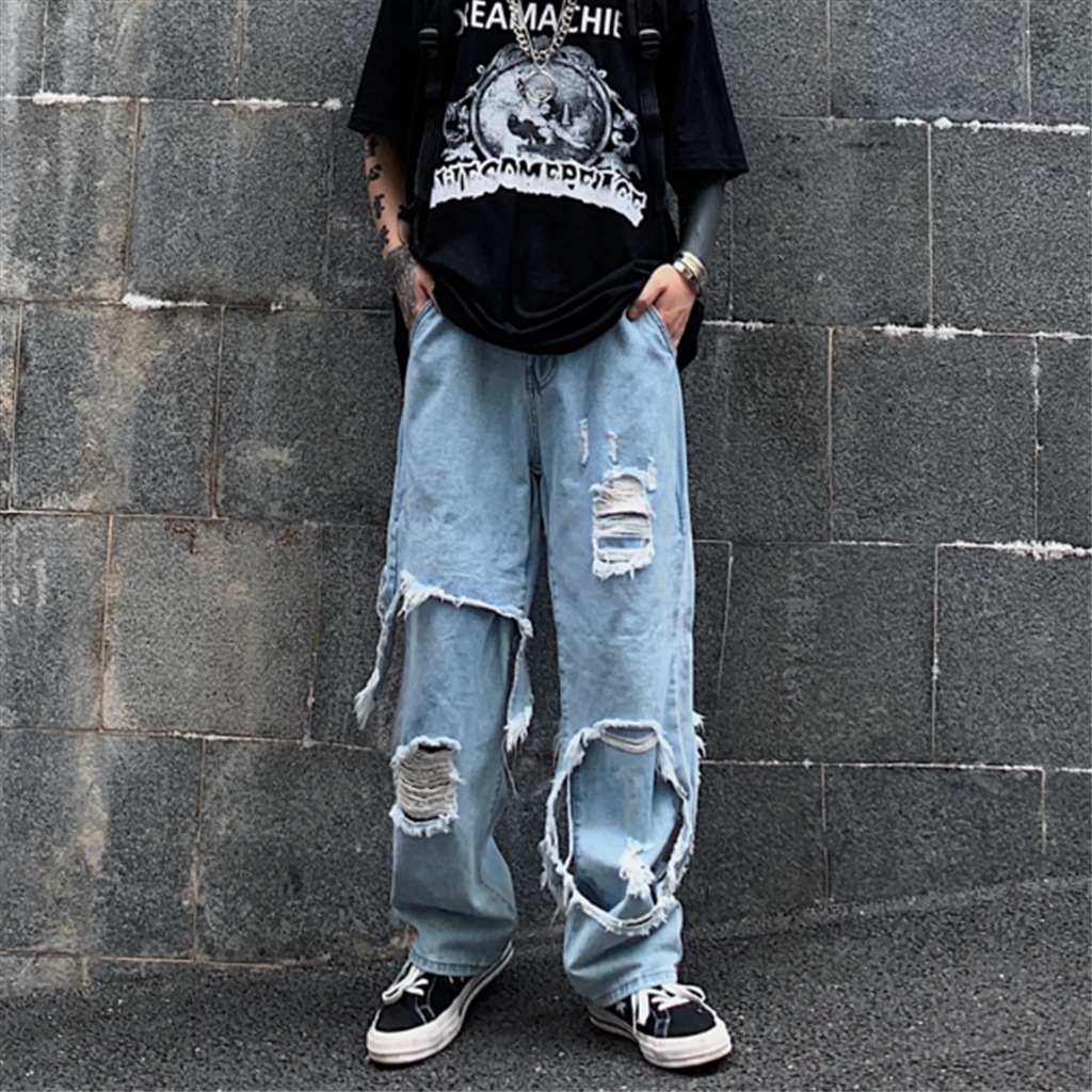 メンズ ダメージ ユーズド 加工 ジーンズ ボトムス Gパン ワイドパンツ ストレート ワイド ハイウエスト デニム カジュアル おしゃれ かっこいい こなれ感 ボーイッシュ ルーズ 個性的 クール