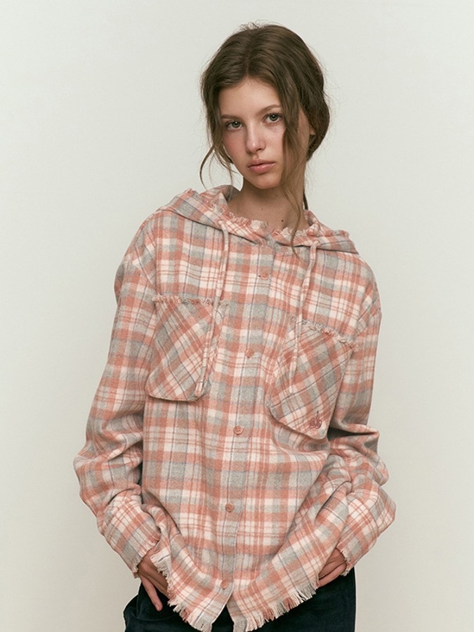 CUT OFF LOOSE-FIT HOODIE SHIRT [PINK]