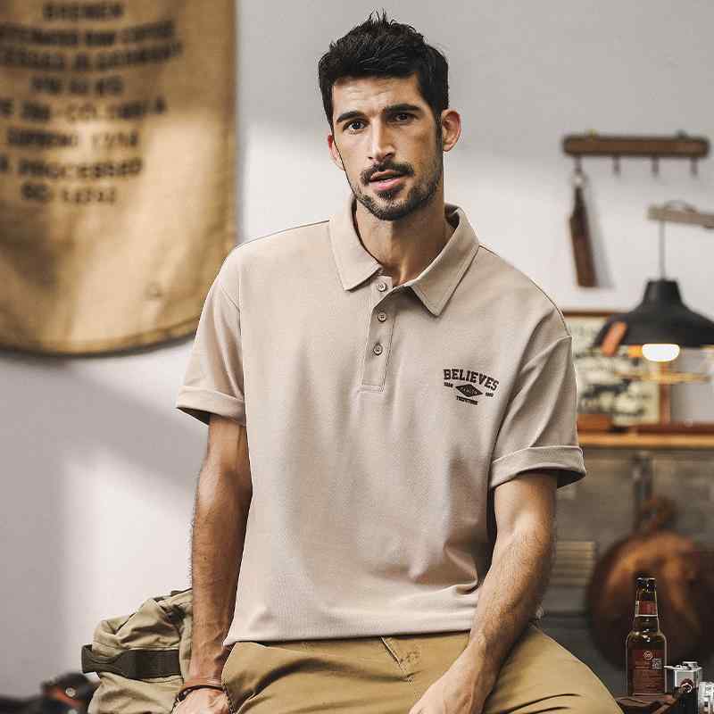 ポロシャツ アメリカン レトロ 半袖 メンズ 夏 大きいサイズ Tシャツ クラシック 襟 男性 メッシュ アプリコット