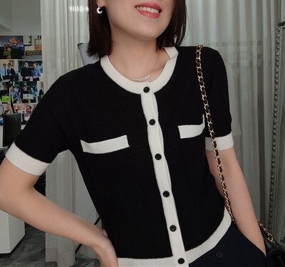 トップス ニットソー カーディガン ニットカーディガン パイピング 白トップス ショート丈 袖あり 半袖 ラウンドネック 襟なし 細身 ポケット 前開き 大人可愛い きれいめ シンプル カジュアル