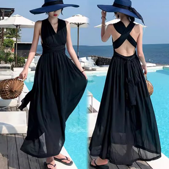 リゾートワンピース レディース ワンピース ロングワンピース ノースリーブワンピース Ｖネック バッククロス ハイウエスト バカンス 背中開き カジュアル おしゃれ きれいめ シンプル お出かけ