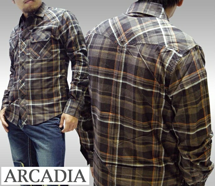 セール アルカディア メンズ ボタンシャツ ARCADIA チェックシャツ ブラウン 長袖 シャツ LAセレブ 多数着用 プレミアム ブランド ハリウッド セレブ カジュアル セレカジ ファッショ