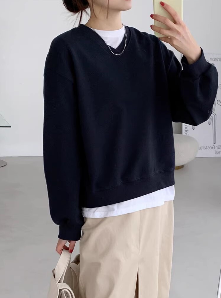 レディース トップス プルオーバー トレーナー 長袖 ボリューム袖 ドロップショルダー 萌袖 Vネック ストリート きれいめ シンプル カジュアル おしゃれ かっこいい こなれ感 ラフ マニッシュ