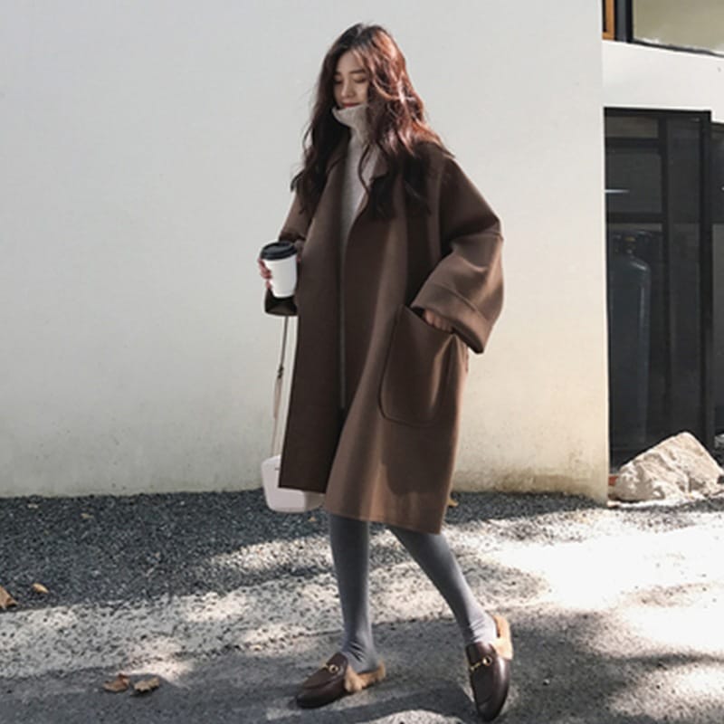アウター 秋 冬 上着 ロングコート 膝丈 ひざ丈 長袖 ボリューム袖 ドロップショルダー シンプル 韓国 XL 2XL 3XL 4XL 大きいサイズ デート 旅行 オフィスカジュアル 通勤