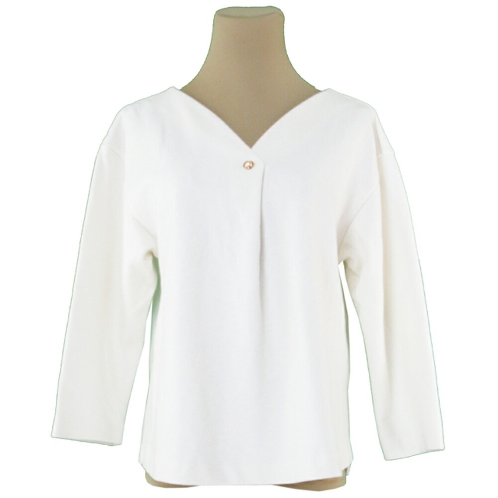 カットソー Vネック トップス パール調ボタン レディース Fサイズ ホワイト 白 ゴールド 中古