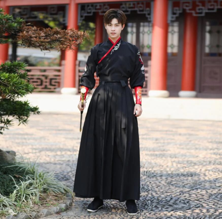 コスプレ衣装 チャイナ服 華流 ハロウィン 中華風　文化祭　黒 メンズ おしゃれグラデーション 中華服 上下セット 交差 袴風 中華衣裳 中国古代服装 中国時代劇コスム 刺繍 男性 漢服 カンフ