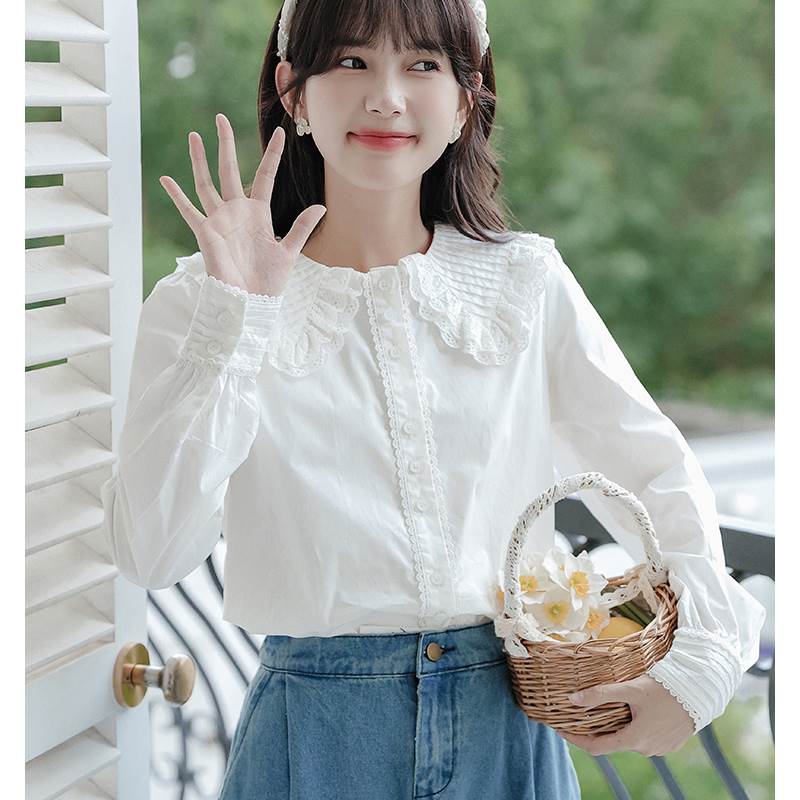 フレンチ ドールカラー トップス シャツ ブラウス 白トップス 袖あり 長袖 襟付き ストレート スタンダード レース フリル 前開き かわいい 大人可愛い きれいめ 上品 おしゃれ お洒落 ラブリー