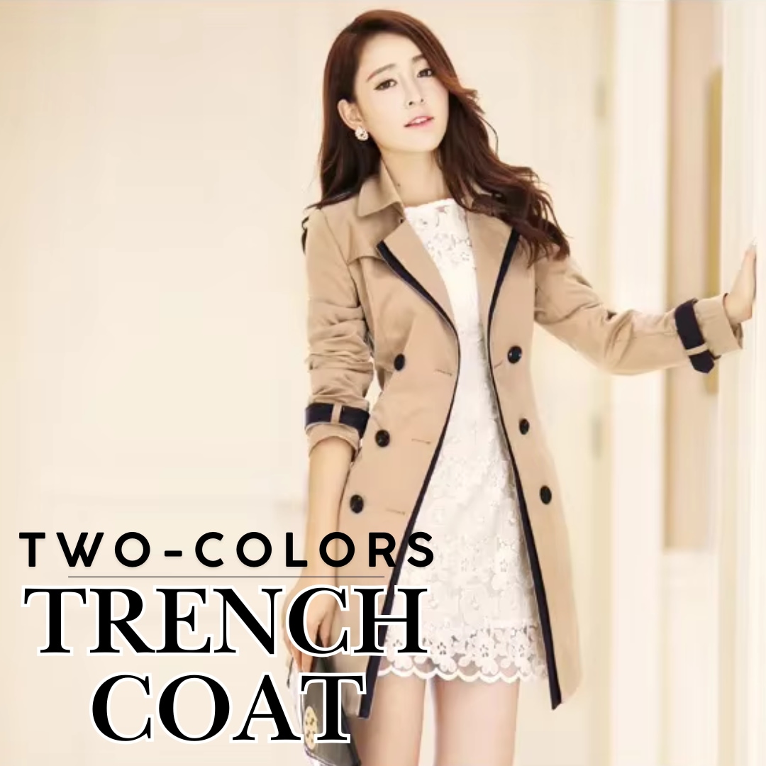 バイカラートレンチコート　モード　美スタイル　シルエット　タイト　ウエストリボン　おしゃれ　シンプル　大きめボタン　キレイ系　通勤通学　春秋　ベージュ　ネイビー　エレガント　クール