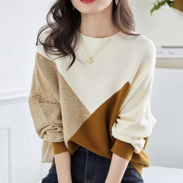 【人気高い】 大人可愛い 差し色 プルオーバー ラウンドネック 切り替え ファッション ニット セーター レディース 秋冬