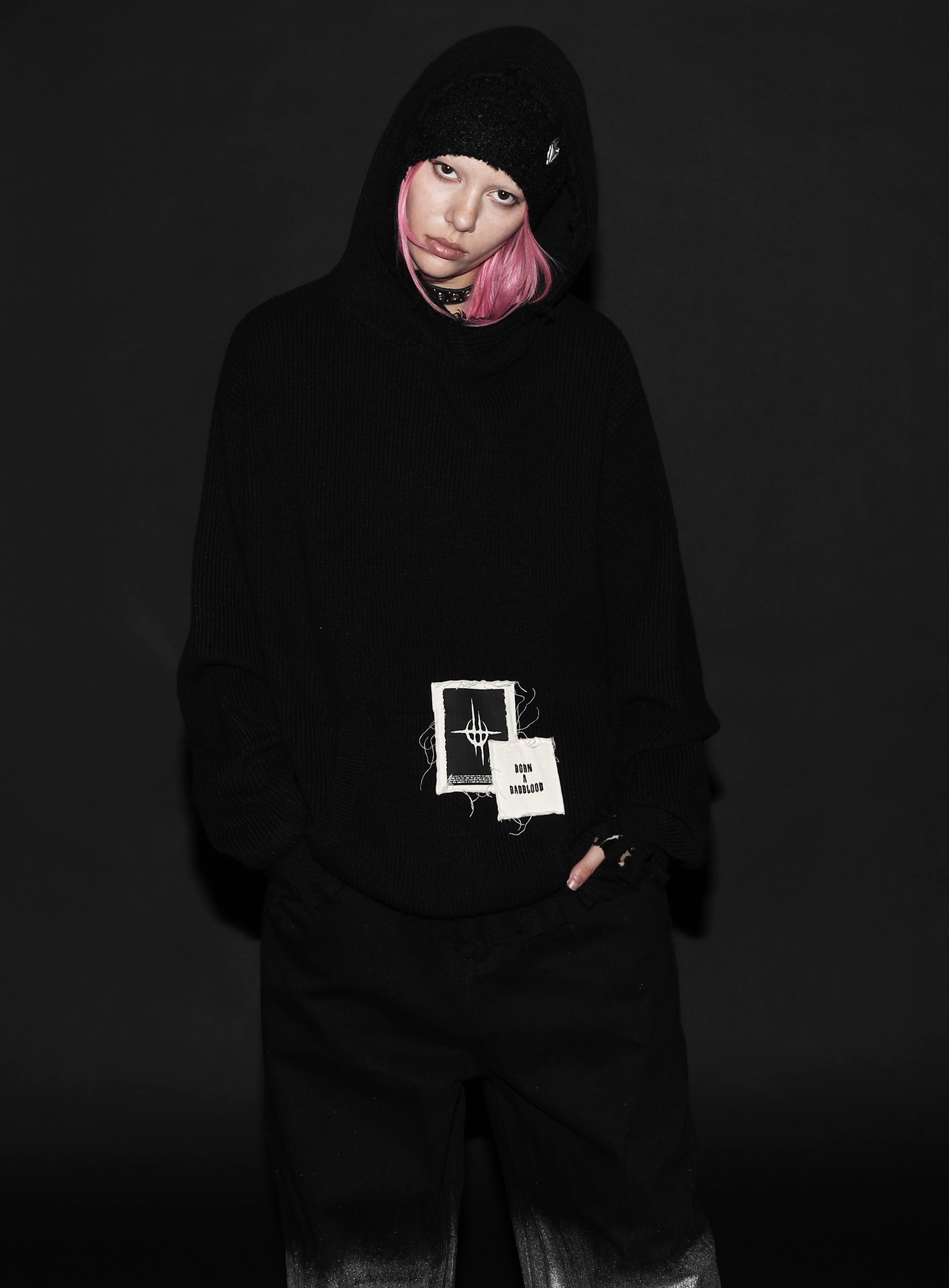 【BADBLOOD】 DESTROYED ZIP-UP CARDIGAN (UNISEX) : BLACK