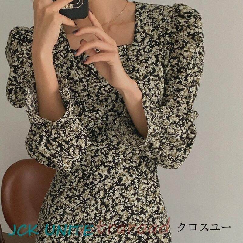 ワンピース パフスリーブ スリット レディース フレア ロング 長袖 パフ袖 タイト マキシ 小花柄 マーメイド カジュアル 大人 きれいめ 春 秋 冬 韓国