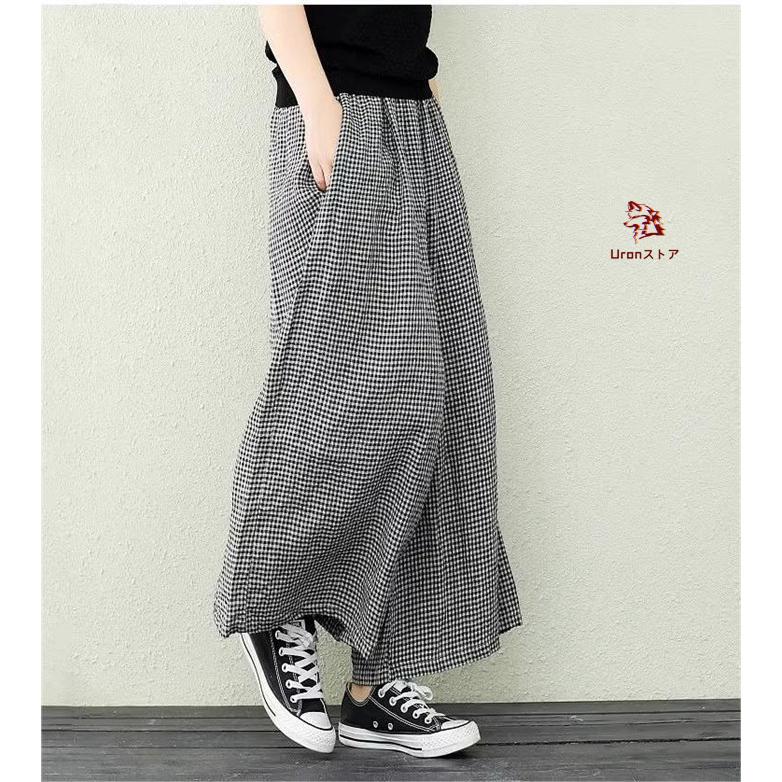ワイドパンツ チェック柄 レディース 綿麻パンツ ギンガムチェックパンツ コットン 夏 ボトムス 大人カジュアル 春夏 ナチュラル 森ガール ズボン ウエストゴム