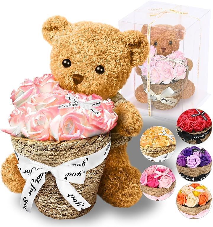 ソープフラワー 誕生日プレゼント くまさんとバラ クマのぬいぐるみ 敬老の日 女性 人気 クリスマス ForeverFlowers(ピンク単色)