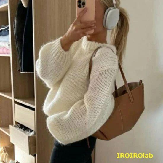 26大人気無地 プルオーバー 長袖 レディース ホワイト ボリューム袖 柔らかい トップス 白 ソフト ラウンドネック ボリューム袖 シンプル