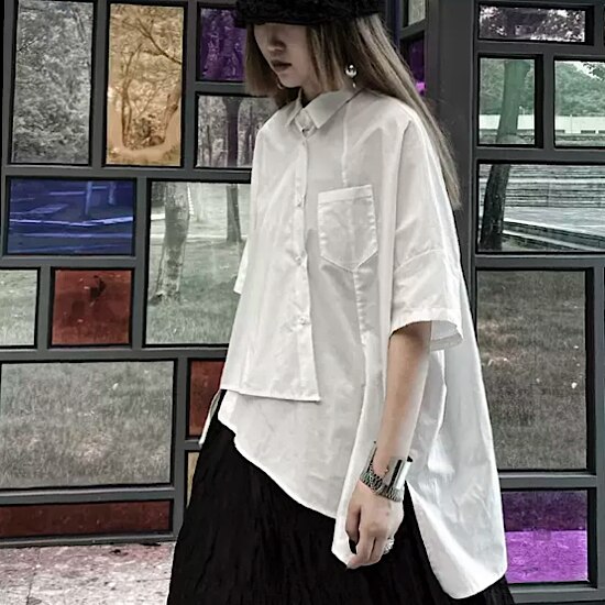 【取寄：納期2週間】シャツ ブラウス アシンメトリー フロントボタン 半袖 無地 シャツブラウス レディース