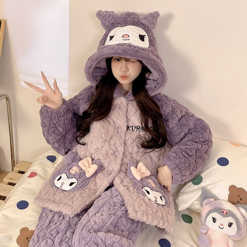 クロミパジャマ女性冬2024連帽三重挟み綿サンゴ絨毯厚手加絨毯冬の部屋着セット