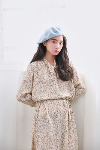 1295.花柄ボウタイシフォンワンピース（ホワイト）