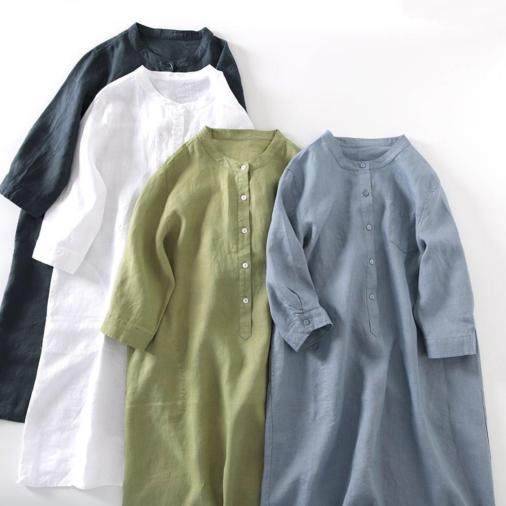 リネンワンピース レジャー 気質 シャツ ワンピース ゆったり 中袖 綿麻ロング スカートXFZ155