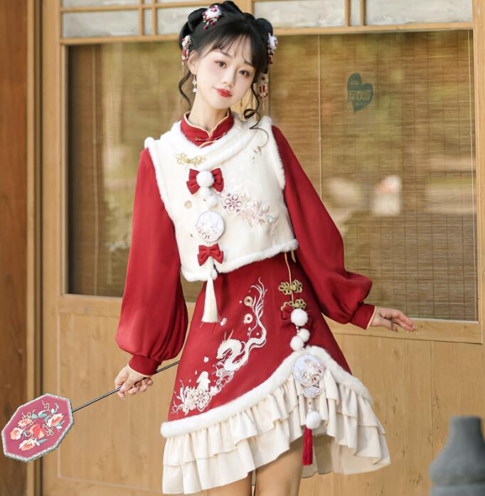 中華風 ロリータ服 レディース 新年祝い 衣装 元日 プレゼント 長袖ドレス ベスト チャイナ服 秋冬 コスプレ衣装 漢風ドレス 改良版漢服 文化祭 イベント コスチューム 刺繍付き 7,788円
