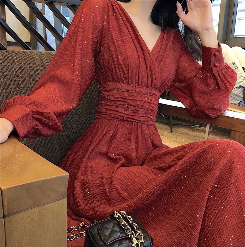 4色 ワンピース 長袖 春 きれいめ ロング フォーマル aライン Aライン ワンピドレス ロング丈 ボリューム袖 カシュクール フレア スリム シフォン ウエストマーク 透け感 ラメ 黒 ブラック